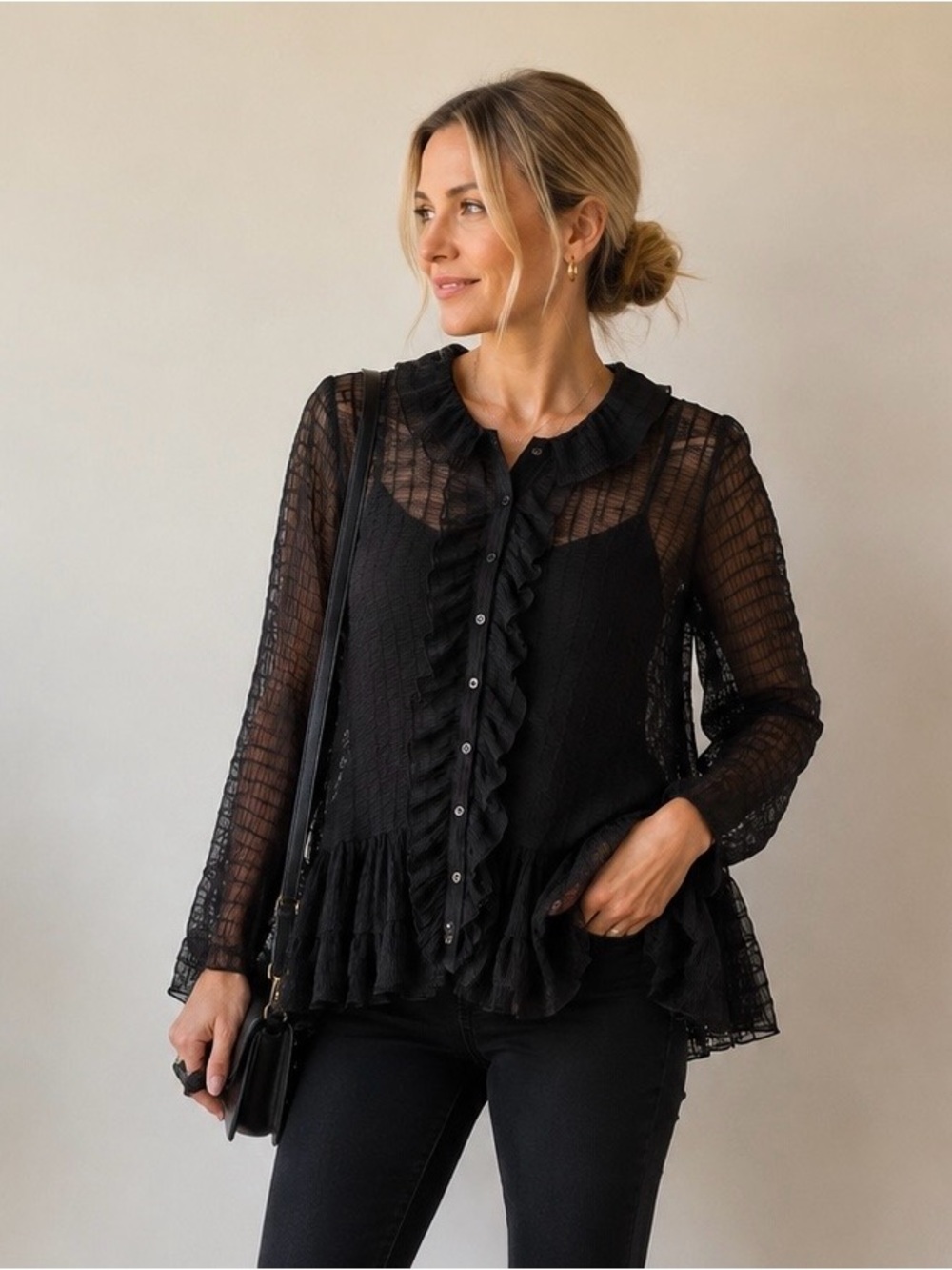 ZARA Black Ruffle-Front Sheer Button Down Blouse - Size Large